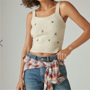 NWT Lucky Brand Crop Tank Top Beige Beaded Knit Sweater